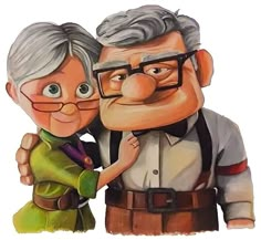 an old man and woman are hugging each other with their arms around one another, both wearing glasses