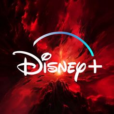 the disney plus logo is shown in front of a red and black background with clouds