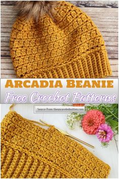 the crochet beanie pattern is shown with text that reads, arcadia beanie free crochet patterns