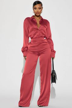 Makenzie Satin Pant Set - Marsala Over Size Shirt, Pink Suits Women, Satin Pants Outfit, Satin Pant, Pant Suits For Women, Chocolate Fashion, Satin Jumpsuit, Two Piece Pants Set, Satin Pants