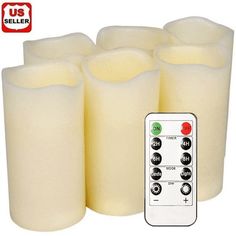 six white candles with remote control on the side and us seller sticker below them