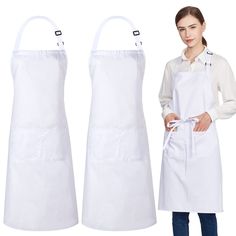 two white aprons are being held by a woman in front of the same image