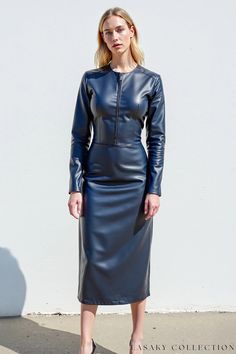 Elegant Navy Blue Leather Midi Dress with Zipper Front and Long Sleeves Leather Aesthetic, Leather Midi Dress, Fly Outfit, Leather Dresses, Ladies Shoes, Blue Hues, Smooth Texture, Modern Elegance, Boot Shoes Women