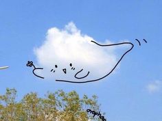 an airplane is flying in the sky with a drawing on it's back side