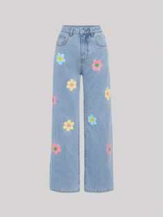 Details:Button \nFit Type:Loose \nDetails:Pocket \nDetails:Zipper \nClosure Type:Zipper Fly \nColor:Light Wash \nPattern Type:Floral \nType:Wide Leg \nWaist Line:Natural \nLength:Long \nFabric:Non-Stretch \nMaterial:Denim \nComposition:68% Cotton \nComposition:16% Polyester \nComposition:14% Viscose \nComposition:2% Modal \nCare Instructions:Machine wash, do not dry clean \nBody:Unlined \nSheer:No \n Jeans Kids, Girls Denim, Girls Jeans, Teen Girls, Wide Leg Jeans, Leg Jeans, Wide Leg, Floral Print