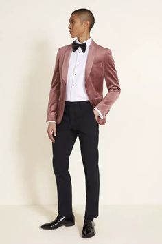 Velvet Jacket Men, Marriage Clothes, Creative Black Tie, Groom's Attire, Pink Velvet Dress, Moss Bros, Slim Fit Jackets, Jacket Fits, Groom Suit