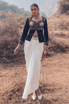 Shop for Kaprapan by Anaita Shah Black Velvet Embroidered Jacket And Draped Skirt Set for Women Online at Aza Fashions Embroidery Jackets For Women, Black Velvet Embroidery, Velvet Embroidery, Indo Western Dress, Sequin Embroidery