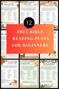 the 12 free bible reading plans for beginners with text overlaying them in orange and