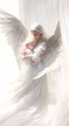 an angel holding a child in her arms with white fabric draped around it's sides