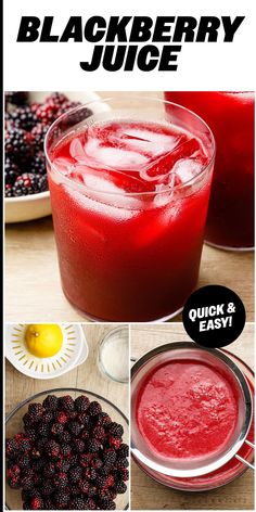 the recipe for blackberry juice is shown in three different pictures, including berries and lemons