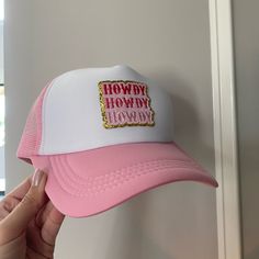 Pink “Howdy Howdy Howdy” Trucker Hat Brand New; Never Worn Fun White Trucker Hat With Short Brim, Trendy White Trucker Hat With Short Brim, White Trucker Hat For Summer Rodeo, Trendy White Mini Hat With Curved Brim, White Snapback Mini Hats For Spring, Trendy White Mini Baseball Cap, Trendy White Trucker Hat For Rodeo, White Adjustable Trucker Hat For Rodeo, White Flat Brim Baseball Cap For Rodeo