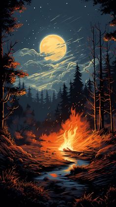 a painting of a fire in the woods at night