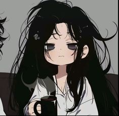 a woman with long black hair holding a coffee cup