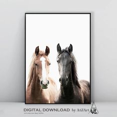 two horses standing next to each other in front of a white background with the words digital download