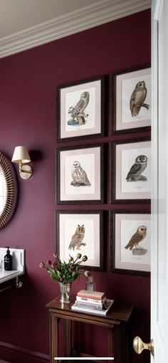 a bathroom with red walls and framed pictures on the wall, along with a mirror