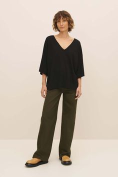 Kowtow Oversized V Neck Top - Black Oversized Viscose Casual Tops, Casual Cotton V-neck Top For Work, Relaxed V-neck Tops For Fall, Versatile Batwing Sleeve Tops For Workwear, Effortless V-neck Blouse For Fall, Relaxed Fit V-neck Top For Everyday, Versatile Batwing Sleeve Workwear Tops, Casual V-neck Top For Layering With Relaxed Fit, V-neck Blouse For Everyday Fall Wear