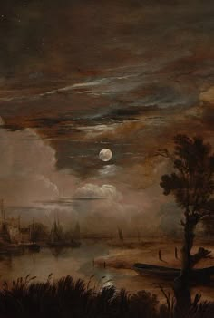 a painting of a river with boats on it and a full moon in the sky