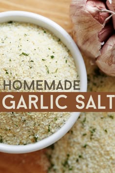 garlic salt in a white bowl with the words homemade garlic salt