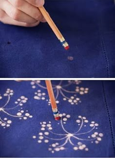 two pictures showing how to use pencils on fabric with the words, 45 diy jeans bleach art