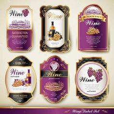 six wine label designs with different types of grapes and wine bottles in gold frames on a white background