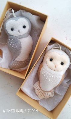 two stuffed owls are in a box with the words create your own felt owl ornaments