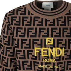 Color: Brown Brown sweater with long sleeves, ribbed crew neck, cuffs and hem. It is embellished with all-over iconic FF and embroidered yellow logo. 63% Viscose, 33% Polyester. Wash at 30°C. Fendi Kids, Fendi Logo, Zegna Shoes, Kenzo Kids, Prada Leather, Steve Mcqueen, Logo Pattern, Stella Mccartney Kids, Gorgeous Bags