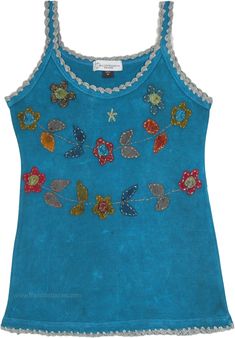 A stonewashed blue sleeveless tank top reminiscent of the ocean waves is perfect to keep you cool and calm this summer.  The 100% cotton top has a gorgeous detailing of floral applique work, handmade in the foothills of the Himalayas. #tlb #Sleeveless #Stonewash #Applique #vacationclothing #beachwrap #bohemianfashion #Handmade #bohotanktop #summerhippietanktop #cottontanktop Fitted Washed Blue Tank Top For Summer, Casual Cotton Tank Top For Festivals, Summer Cotton Embroidered Tank Top, Summer Embroidered Cotton Tank Top, Bohemian Tank Top With Floral Embroidery, Light Blue Sleeveless Cotton Tops, Embroidered Cotton Sleeveless Tank Top, Light Blue Cotton Beach Top, Fitted Light Blue Cotton Tank Top