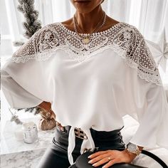 Vintage Crochet Embroidery Lace Stitching White Blouse Shirt Top In Pizzo, Women Lace Blouse, Lace Long Sleeve Shirt, Layering Ideas, Boho Chique, Batwing Sleeve Blouse, White Shirt Blouse, Blouses And Tops, Crochet Embroidery