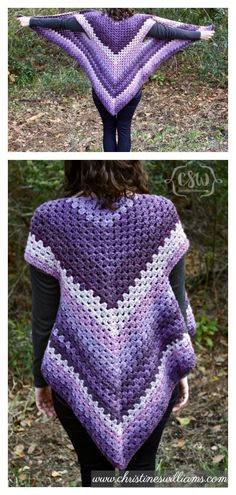 two pictures showing the back and side of a woman's shawl in purple yarn