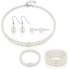 PRICES MAY VARY. Package Contents: this pearl earrings and necklace set contains 1 pearl necklace, 2 pairs of different pearl earrings, 2 pieces of different pearl bracelets, enough to wear in daily life or formal occasions, and you can also share them with others Reliable Material: the pearl jewelry set for women is mainly made of quality resin, smooth on the surfaces, comfortable and safe for you to wear, stable in structure, not easy to break or fade, light in weight, in exquisite workmanship Pearl Jewelry Sets For Anniversary, Adjustable Round Pearl Jewelry Sets, Silver Pearl Jewelry Sets For Party, Party Pearl Jewelry Sets In Silver, Party Silver Pearl Jewelry Sets, Party Pearl Silver Jewelry Sets, Party Pearl Chain Jewelry Set, Formal Pearl Jewelry Sets, Costume Pearl Jewelry For Party