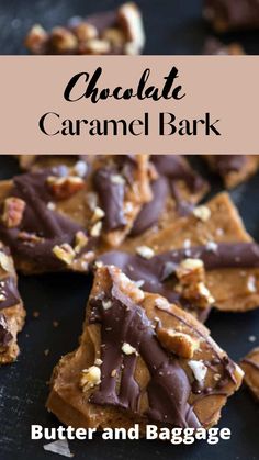 chocolate caramel bark is cut into squares and stacked on top of each other with nuts