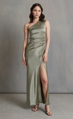 THE DREAMER ASYM DRESS - SAGE Green Entourage, Bridesmaids Styles, Wedding Bridesmaids Dresses, One Shoulder Maxi Dress, Australian Fashion Designers, Leg Split, Sustainable Brands, Bridesmaid Style, Asymmetrical Neckline