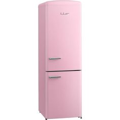 a pink refrigerator freezer sitting on top of a white floor next to a wall