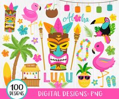 tropical clipart with flamings, tiki masks and palm trees for commercial use