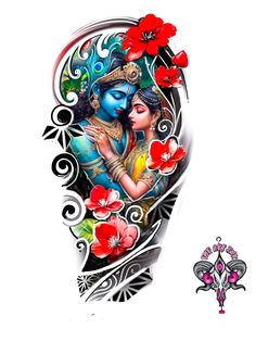 an artistic tattoo design with the image of two women and flowers on their arm,