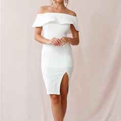 Selfie Leslie Off The Shoulder Little White Bodycon Dress - Nwt - Size L (Fits Like A 6/Medium, See Measurements In Image) Message For Any Questions White Fitted Off Shoulder Cocktail Dress, Spring Fitted White Off Shoulder Dress, White Fitted Off Shoulder Dress For Spring, Spring White Fitted Off Shoulder Dress, White Fitted Knee-length Off Shoulder Dress, White Fitted Off Shoulder Feminine Dress, White Sleeveless Off-shoulder Cocktail Dress, White Midi-length Off Shoulder Dress For Brunch, White Midi Off Shoulder Dress For Brunch