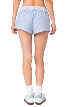 A contrasting drawstring waist tops these preppy striped shorts made from lightweight cotton. Elastic/drawstring waist 100% cotton Machine wash, dry flat Imported Animal Print Handbags, Wedding Guest Coats, Blue Fits, Winter Trends, Winter Coats Jackets, Cashmere Coat, Denim Jumpsuit, Drawstring Shorts, Striped Shorts