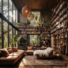 a living room filled with lots of furniture and bookshelves next to a window