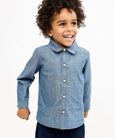 Breathable, durable twill for year-round comfort Signature Oso stacked buttons Pointed collar for classic look Made from the softest-ever cotton, this dress shirt is an evolution of our Jefferson shirt with a new, classic pointed collar. It features a play-ready fit with extra shoulder room so that active kiddos can freely move around. The flat shirt tail looks great untucked for a relaxed look or tucked in for a polished vibe. Classic Denim Button Shirt, Classic Denim Shirt With Buttons, Classic Shirt With Spread Collar For Everyday, Classic Solid Shirt For Spring, Classic Everyday Shirt With Spread Collar, Classic Fitted Everyday Shirt, Classic Fall Dress Shirt With Button Closure, Solid Color Cotton Collared Dress Shirt, Solid Cotton Collared Dress Shirt