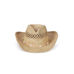 Raffia straw cowboy hat with flicked edge Hand woven raffia Trimmed with custom beads and seashells Brim measures approx. 8.5 cm / 3.35” Lack Of Color Hat, Sombrero Cowboy, Style Bucket Hat, Straw Cowboy Hat, Rancher Hat, Boater Hat, Mini Accessories, California Cool, Hat Boxes