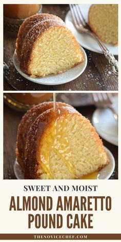 this is an image of a pound cake on a plate with the words sweet and moist almond amarettoo pound cake