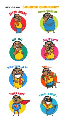 some stickers that have different types of cartoon characters on them, all in different colors