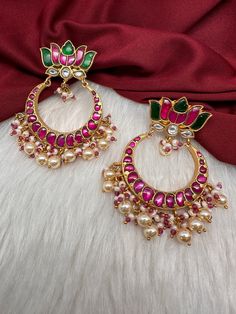 Lotus Jadau Kundan Big Chandbali Earrings Jadau Earrings, Antique Necklace Victorian, Real Pearl Necklace, Chandbali Earrings, Ethnic Necklaces, Traditional Earrings, Green Beads, Kundan Necklaces, Oxidised Jewellery