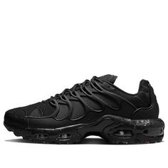 The Nike Air Max Terrascape Plus 'Triple Black' is a sleek and stylish sneaker designed for adults. It features a unique TPU overlay that follows the curves of the palm tree, connected to an extended mudguard above the eco-friendly volcanic foam midsole. Inspired by Sean McDowell's 1998 design, this sneaker is perfect for any activity, from running to casual wear. The 'Triple Black' colorway is a timeless classic, making it a must-have for any sneaker collection. (SNKR/Retro/Men's/Low Top) Black Low-top Techwear Sneakers, Black Techwear Sneakers For Streetwear, Black Mesh Sneakers For Outdoor Activities, Black Sneakers With Air Cushioning For Outdoor Activities, Black Athleisure Sneakers With Ventilation, Black Low-top Ventilated Sneakers, Black Low-top Sneakers With Ventilation, Black Techwear Sneakers For Outdoor Activities, Black Techwear Sneakers For Outdoor