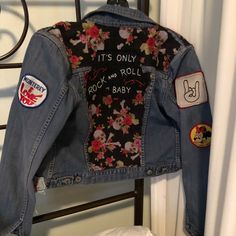 One Of A Kind. Denim Jacket! Amazing!!! Spring Cotton Biker Jacket For Streetwear, Edgy Blue Denim Jacket With Pockets, Fitted Denim Grunge Outerwear, Grunge Denim Jacket With Patches For Fall, Fitted Denim Jacket With Patches For Winter, Winter Fitted Denim Jacket With Patches, Edgy Fitted Denim Biker Jacket, Edgy Blue Spring Outerwear, Edgy Blue Outerwear For Spring