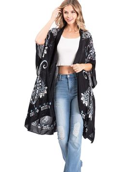 Printed lightweight cardigan, with split on sides and an open front style with an asymmetrical length. Dropped?sleeves and sheer fabric. Looks great layered over casual outfits. CARE | Hand Wash ColdCONTENTS | 100% ViscoseMEASUREMENTS | 38"/96 cm Top to Bottom (Size O/S) MODEL | 5'8 - wearing O/SIMPORTED Boho Summer Style, Boho Fashion Summer, Lightweight Cardigan, Swimwear Cover Ups, Boho Summer, Sheer Fabric, Swimwear Fashion, Sheer Fabrics, About Love