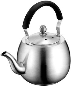 a silver tea pot with a black handle