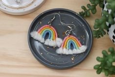 a pair of rainbow earrings sitting on top of a plate next to a potted plant