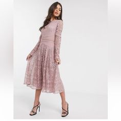 This Dress Is A Beautiful Dress To Wear For Any Occasion. It Is New With Tags, It Never Quite Fit Me Right:( It Is Perfect For That Night You Need To Dress Up (Or Even Can Be Dressed Down). Great Buy!! Send Me An Offer Feminine Long Sleeve Lace Midi Dress, Feminine Long Sleeve Lace Dress For Date Night, Pink Long Sleeve Lace Midi Dress, Casual Long Sleeve Lace Midi Dress, Dusty Purple Dress, Midi Tulle Dress, Long Sleeve Prom Dress, Soft Pink Dress, Sleeve Prom Dress