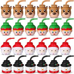 many different types of cups with faces and noses on them, all decorated in christmas hats